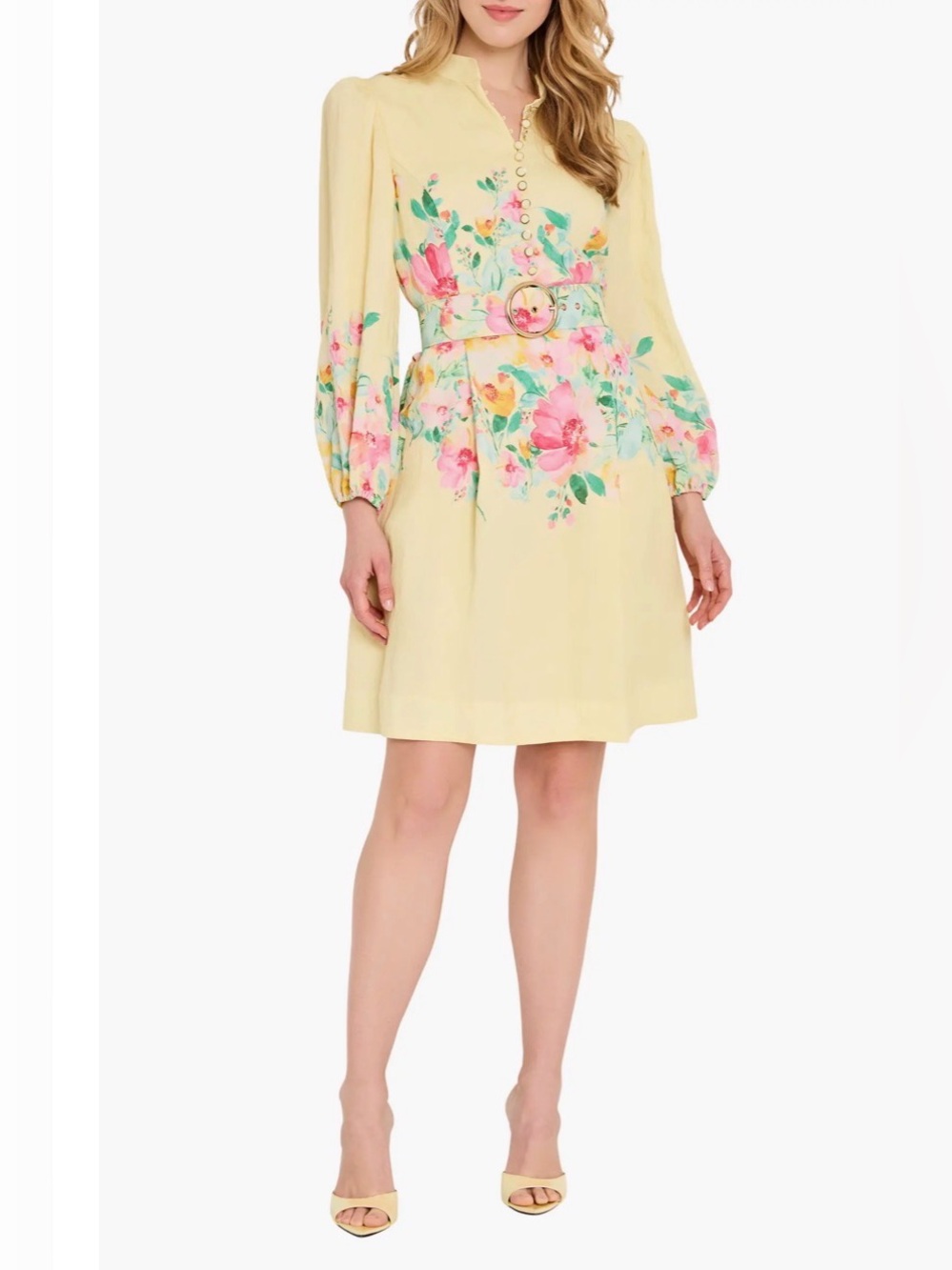 Tahari ASL Yellow Floral Belted Mini Dress
